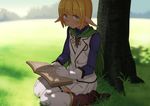  blonde_hair blue_eyes blush book boots brown_footwear cape crossdressing dacchi day gloves grass green_cape green_eyes heterochromia highres male_focus mare_bello_fiore open_book otoko_no_ko outdoors overlord_(maruyama) pleated_skirt pointy_ears reading shirt sitting skirt solo thighhighs tree under_tree wariza white_gloves white_legwear white_shirt zettai_ryouiki 