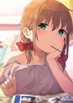  bare_shoulders barefoot blush book brown_hair food green_eyes legs_up lying mouth_hold on_stomach original pillow pocky short_hair short_twintails solo the_pose tofu1601 twintails 