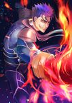  blue_hair fate/stay_night fate_(series) fire gae_bolg grin lancer male_focus minami_ikkei polearm ponytail red_eyes smile solo spear weapon 