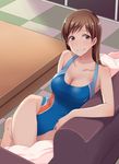  blush breasts brown_eyes brown_hair cleavage competition_swimsuit couch idolmaster idolmaster_cinderella_girls idolmaster_cinderella_girls_starlight_stage large_breasts long_hair looking_at_viewer meganei nitta_minami one-piece_swimsuit smile solo swimsuit 