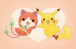  bad_pixiv_id cat crossover fangs fire gen_1_pokemon haramaki heart jibanyan kanacho looking_at_viewer multiple_tails no_humans notched_ear open_mouth pikachu pokemon pokemon_(creature) tail tail-tip_fire two_tails youkai youkai_watch 
