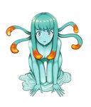  all_fours blue_eyes blue_skin breasts collarbone full_body goo_girl highres itadaku large_breasts long_hair looking_at_viewer monster_girl nude open_mouth original simple_background slime solo tentacle_hair white_background 