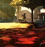  1girl autumn autumn_leaves back-to-back bench black_hair black_legwear building commentary cover face_down fence highres hood hoodie kiokuya kneehighs long_hair loundraw official_art outdoors pants park park_bench road_sign shoes short_hair sign signature sitting skirt standing tree 