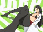  ass bikini bikini_top black_bikini black_hair black_legwear breasts brown_eyes durarara!! foreshortening hands_in_pockets knees_together_feet_apart labcoat large_breasts legs long_hair looking_at_viewer lying natsukimonou on_back open_mouth pantyhose skirt solo strap_gap swimsuit yagiri_namie 