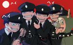  865kb animal_costume arm_around_shoulder brothers collar dog_costume drooling grin hand_on_shoulder hat male_focus matsuno_choromatsu matsuno_ichimatsu matsuno_juushimatsu matsuno_karamatsu matsuno_osomatsu multiple_boys osomatsu-kun osomatsu-san police police_hat police_uniform red_background rope siblings simple_background smile spiked_collar spikes tongue tongue_out uniform walkie-talkie 