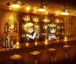  akatsuki_kirika alcohol apron bar bartender blonde_hair bottle bow bowtie commentary cup drink drinking_glass food glasses hair_ornament lamp long_hair multiple_girls murakami_hisashi nastassja_sergeyevna_tolstaya senki_zesshou_symphogear short_hair stool tsukuyomi_shirabe twintails vest 