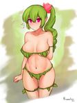  bare_shoulders breasts curly_hair dryad dryad_(terraria) green_hair hair_between_eyes hair_ornament large_breasts long_hair looking_at_viewer midriff navel open_mouth pink_eyes plant_girl pointy_ears ponytail razalor revealing_clothes solo terraria 
