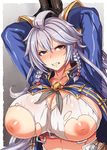  arms_up bdsm blush bondage bound bound_wrists breasts brown_eyes denki_shougun granblue_fantasy highres huge_breasts inverted_nipples looking_at_viewer nipples purple_hair silva_(granblue_fantasy) solo sweat torn_clothes 