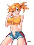  :p arm_behind_back artist_name blush breasts crop_top crop_top_overhang denim denim_shorts green_eyes highres holding holding_poke_ball kasumi_(pokemon) large_breasts looking_at_viewer midriff navel open_clothes open_fly open_shorts orange_hair poke_ball poke_ball_(generic) pokemon pokemon_(anime) pokemon_(classic_anime) ranken shiny shiny_skin short_hair shorts side_ponytail solo suspenders suspenders_slip sweat tongue tongue_out unzipped white_background 