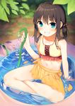  arm_support bare_shoulders bikini blue_eyes blush brown_hair grass grin hose indian_style long_hair navel original see-through sitting smile solo swimsuit tofu1601 twintails wading_pool water 