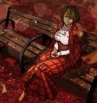  adapted_costume autumn autumn_leaves bench breasts colored_eyelashes commentary_request falling_leaves green_hair highres jacket jacket_on_shoulders jewelry kazami_yuuka kikimifukuri large_breasts leaf light_smile long_skirt long_sleeves looking_at_viewer necklace park_bench plaid plaid_skirt red red_eyes ribbed_sweater sitting skirt solo sweater touhou 