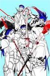  armor berserker_class_(fate/stay_night) blue_hair cu_chulainn_(fate/grand_order) fate/grand_order fate/stay_night fate_(series) highres horse lancer monochrome multiple_boys multiple_persona o-rui staff sword weapon 