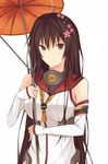  alternate_hairstyle blush breasts brown_eyes brown_hair commentary_request detached_sleeves flower hair_down hair_flower hair_ornament kanpyou_(hghgkenfany) kantai_collection large_breasts long_hair looking_at_viewer smile solo umbrella upper_body very_long_hair white_background yamato_(kantai_collection) 