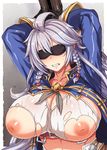  arms_up bdsm blindfold blush bondage bound bound_wrists breasts cleavage denki_shougun granblue_fantasy highres huge_breasts inverted_nipples nipples purple_hair silva_(granblue_fantasy) solo sweat torn_clothes 