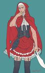  archer byulrorqual corset cosplay dark_skin dark_skinned_male fate/stay_night fate_(series) hood kanshou_&amp;_bakuya little_red_riding_hood little_red_riding_hood_(grimm) little_red_riding_hood_(grimm)_(cosplay) male_focus solo sword weapon white_hair 