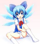  cirno fang highres mofupaka panties pantyshot sock_pull socks solo touhou underwear white_legwear 