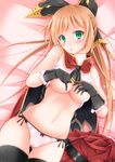  :p areola_slip areolae ass_visible_through_thighs bangs bed_sheet belt black_bow black_gloves black_legwear blush bow breasts cameltoe cape clarisse_(granblue_fantasy) covering covering_breasts cowboy_shot gloves granblue_fantasy green_eyes hands_on_own_chest head_tilt long_hair looking_at_viewer lying medium_breasts narumi_yuu_(imitmoon) navel no_bra on_back on_bed orange_hair panties pink_panties ponytail red_cape ribbed_sweater sleeveless smile solo sweater thighhighs tongue tongue_out underwear 