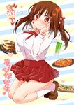  blush breasts brown_eyes brown_hair button_gap ebina_nana food fruit hamburger_steak hands_on_own_cheeks hands_on_own_face heart heart-shaped_pupils highres himouto!_umaru-chan ice_cream large_breasts long_hair looking_at_viewer merryhachi parfait pasta pizza school_uniform shirt skirt solo spaghetti sundae symbol-shaped_pupils twintails wavy_mouth 
