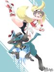  artist_name aura_sphere bare_shoulders bicycle_helmet bike_shorts blonde_hair boris_(noborhys) fighting_stance fingerless_gloves gen_4_pokemon gloves grey_eyes gym_leader helmet highres koruni_(pokemon) leg_up lucario open_mouth pokemon pokemon_(creature) pokemon_(game) pokemon_xy ponytail roller_skates skates two_side_up 