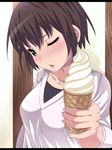  ;o bangs black_hair blush breasts collarbone commentary_request doctor_k_shoujo fingernails food green_eyes hair_between_eyes hands head_tilt highres holding ice_cream ice_cream_cone letterboxed long_fingernails long_sleeves looking_at_viewer medium_breasts nail_polish natsumyun one_eye_closed open_mouth pink_nails shadow short_hair soft_serve solo upper_body wood 