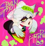  1girl bad_id bad_pixiv_id brown_eyes character_name close-up copyright_name detached_collar domino_mask dress earrings fangs food food_on_head from_above gloves heart hotaru_(splatoon) jewelry mask mole mole_under_eye object_on_head open_mouth paint_splatter pantyhose pointy_ears puckered_lips seto_(asils) short_dress short_hair signature solo splatoon_(series) splatoon_1 squid_pose strapless strapless_dress tentacle_hair white_gloves 