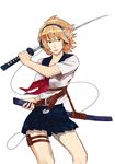  absurdres belt blonde_hair brown_eyes digital_media_player headphones highres ipod ipod_nano katana miniskirt original pleated_skirt school_uniform serafuku sheath skirt solo sword tetsuo_(huvac-akiro) weapon 