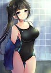  ass_visible_through_thighs bangs black_hair blue_eyes blunt_bangs bunsai competition_swimsuit covered_navel eyebrows_visible_through_hair highres jacket long_hair long_ponytail looking_at_viewer one-piece_swimsuit original ponytail removing_jacket solo standing swimsuit tile_wall tiles 