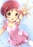  :d arm_up armpits ballerina braid brown_eyes dancing dress foreshortening gochuumon_wa_usagi_desu_ka? long_hair natsu_megumi nomikata open_mouth outstretched_hand pantyhose pink_dress red_hair short_dress smile solo white_legwear 