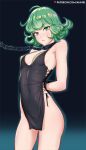  1girl ahnei ahoge arms_behind_back bare_hips bdsm black_dress bondage bound bound_wrists breasts chain collar covered_nipples curly_hair dress eyebrows_visible_through_hair flipped_hair frown green_eyes green_hair highres looking_at_viewer medium_breasts metal_collar no_bra no_panties one-punch_man patreon_username short_dress side_slit solo tatsumaki 
