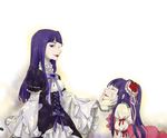  blue_hair bow cat_tail chain dress flower frederica_bernkastel frills furudo_erika grin hair_flower hair_ornament hand_on_another's_face hime_cut lolita_fashion long_hair multiple_girls profile purple_eyes ribbon sanctuary-of-apricot smile tail twintails umineko_no_naku_koro_ni witch 