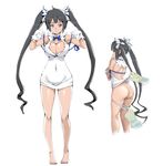  ass assisted_exposure back backless_dress backless_outfit black_hair blue_eyes blue_ribbon blush breast_hold breasts cleavage cleavage_cutout covered_navel d1975 dress dungeon_ni_deai_wo_motomeru_no_wa_machigatteiru_darou_ka full_body gloves hair_ribbon hestia_(danmachi) highres large_breasts long_hair looking_back multiple_views panties panty_pull rei_no_himo ribbon smile standing twintails underwear very_long_hair white_background white_dress white_gloves 