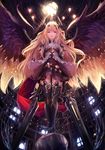  armor arms_at_sides badge bangs black_legwear blonde_hair boots dark_angel_olivia dress dual_wielding feathered_wings frills from_below full_body granblue_fantasy hair_ornament highres holding horns long_hair looking_at_viewer looking_down magic multicolored multicolored_wings outdoors parted_lips pip_(red_juice1869) red_eyes red_ribbon ribbon shingeki_no_bahamut solo standing thighhighs very_long_hair window wings 
