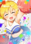  :d ^_^ armpits bare_shoulders blonde_hair blush cheerleader closed_eyes confetti navel open_mouth original outstretched_arm pom_poms shoes short_hair side_ponytail skirt smile sneakers socks solo sparkle tofu1601 