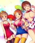  blush bodycon breasts brown_eyes brown_hair fan folding_fan hori_yuuko idolmaster idolmaster_cinderella_girls kara_(color) katagiri_sanae large_breasts looking_at_viewer medium_breasts multiple_girls oikawa_shizuku open_mouth panties sexy_guilty smile underwear 