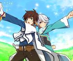  bad_id bad_pixiv_id blush brown_hair cloud day grass henshin_pose male_focus mikleo_(tales) moichobi multiple_boys open_mouth pose purple_eyes sky sorey_(tales) tales_of_(series) tales_of_zestiria white_hair 