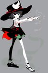  absurdres androgynous bad_id bad_pixiv_id big_hat black_hair bow detached_sleeves enraku_tsubakura geta grey_eyes hat highres len'en ling_s red_ribbon ribbon short_hair shorts smile solo tabi top_hat 