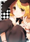  animal_ears bare_shoulders blonde_hair blush bow bowtie breasts bunny_ears bunnysuit checkered checkered_background cleavage detached_collar large_breasts leg_hug leotard nail_polish original pantyhose short_hair smile solo tofu1601 v wavy_mouth wrist_cuffs yellow_eyes 