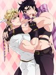  adonis_belt black_hair blonde_hair bow caesar_anthonio_zeppeli fingerless_gloves food gloves jojo_no_kimyou_na_bouken joseph_joestar_(young) less_end licking_lips male_focus midriff multiple_boys scarf scarf_bow spoon tongue tongue_out 