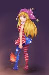  :3 absurdres american_flag_dress american_flag_legwear bad_anatomy bare_arms blonde_hair blush breasts clownpiece commentary fire flame from_behind hat highres jester_cap legs long_hair medium_breasts pantyhose red_eyes shou_(ahiru_shinobu) smile solo torch touhou 