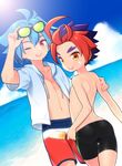  ass blue_hair blue_sky cloud day dutch_angle eyebrows food forked_eyebrows future_card_buddyfight horizon looking_at_viewer male_focus mikado_gaou multicolored_hair multiple_boys one_eye_closed open_mouth outdoors popsicle purple_hair red_eyes red_hair ryuuenji_tasuku sky sunglasses thigh_gap tooru two-tone_hair water yellow_eyes 