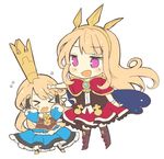  &gt;_&lt; :d bangs black_footwear black_legwear blonde_hair blue_dress blush boots bow breastplate bullying cagliostro_(granblue_fantasy) cape charlotta_fenia chibi closed_eyes crown dress frilled_dress frills gauntlets granblue_fantasy hairband hands_on_own_head height_conscious height_difference long_hair looking_at_another multiple_girls open_mouth pointy_ears puffy_short_sleeves puffy_sleeves purple_eyes red_bow red_skirt shiroi_hakuto short_sleeves simple_background skirt smile standing thighhighs vest white_background 