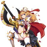  armor aurora_rokudo bikini_armor blonde_hair blue_eyes blush breasts cape commentary_request cowboy_shot gauntlets greaves grin highres huge_weapon large_breasts leg_up long_hair navel original simple_background smile solo sword thighhighs weapon white_background 