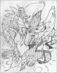  2000 anthro biceps claws clothing dragon eastern_dragon forked_tongue horn japanese_clothing kimono lunarwolf male monochrome muscular oriental penis scales scalie solo tagme tongue tree undressing wings 