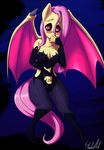  2015 anthro anthrofied bat_pony bat_wings blush boots breasts cleavage clothed clothing costume elbow_gloves female flutterbat_(mlp) fluttershy_(mlp) footwear friendship_is_magic gloves hair high_heels my_little_pony pink_hair skecchiart slit_pupils solo wings 