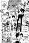  anthro bikini black_and_white black_hair canine cape carrot_(one_piece) clothed clothing comic dog female fur hair human lagomorph looking_at_viewer male mammal manga melee_weapon monkey_d._luffy monochrome one_piece swimsuit sword wanda_(one_piece) weapon 