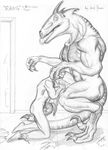  2001 abs anthro claws digitigrade dracorex erection fellatio fhones forked_tongue horn human kneeling larger_male licking licking_lips male male/male mammal monochrome muscular nipples oral pecs penis rangarig_rex scalie sex size_difference smaller_male tail_sex tailjob tongue tongue_out vein 