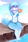  2015 beach beverage bikini blue_fur canine chest_tuft clothing cloud coconut crunchobar digital_media_(artwork) dog female food fur mammal martinelli open_mouth outside partially_submerged seaside sitting sky solo swimsuit tuft water 