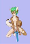  bigger_version_at_the_source blue_eyes bonbonboy brown_fur canine cock_ring cub dog ear_piercing feathers fur green_hair hair looking_at_viewer male mammal multicolored_fur navel nipples nude penis piercing solo tomi uncut white_fur young 
