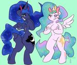  anthro anthrofied anus areola biting_lip blue_hair blue_skin blush breasts butt cutie_mark duo equine female friendship_is_magic hair half-closed_eyes horn horse invalid_tag jadedhyrt looking_at_viewer looking_back mammal multicolored_hair my_little_pony navel nipples pony princess_celestia_(mlp) princess_luna_(mlp) pussy simple_background smile teeth two_tone_hair white_skin wings 