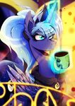  2015 beverage blue_eyes clothing coffee cup equine female food friendship_is_magic hoodie horn magic mammal my_little_pony ponytail princess_luna_(mlp) rariedash solo vrown winged_unicorn wings 